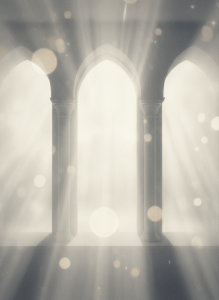 A subtle, muted background texture for a justice and legal advocacy website. Soft, desaturated light rays filtering through courthouse windows, with very faint architectural elements — stone pillars, arched windows. Low contrast, almost monochromatic in cool grey and warm ivory tones. Dreamlike and dignified. No people. Suitable as a full-page background image.